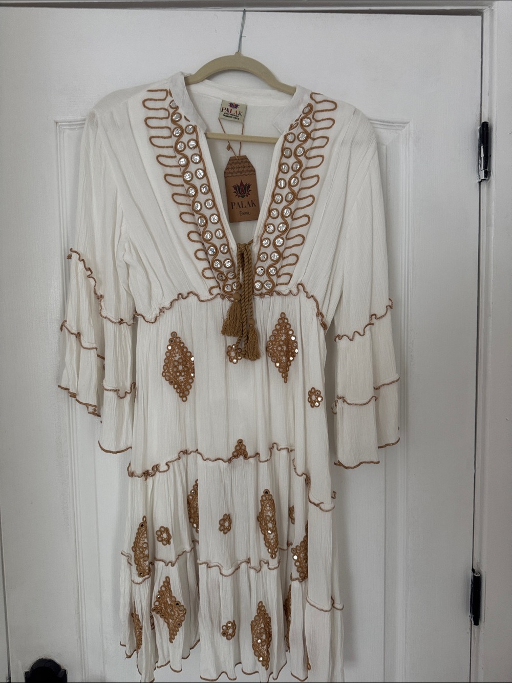 Ivory Midi Dress with Gold Embroidered Trim